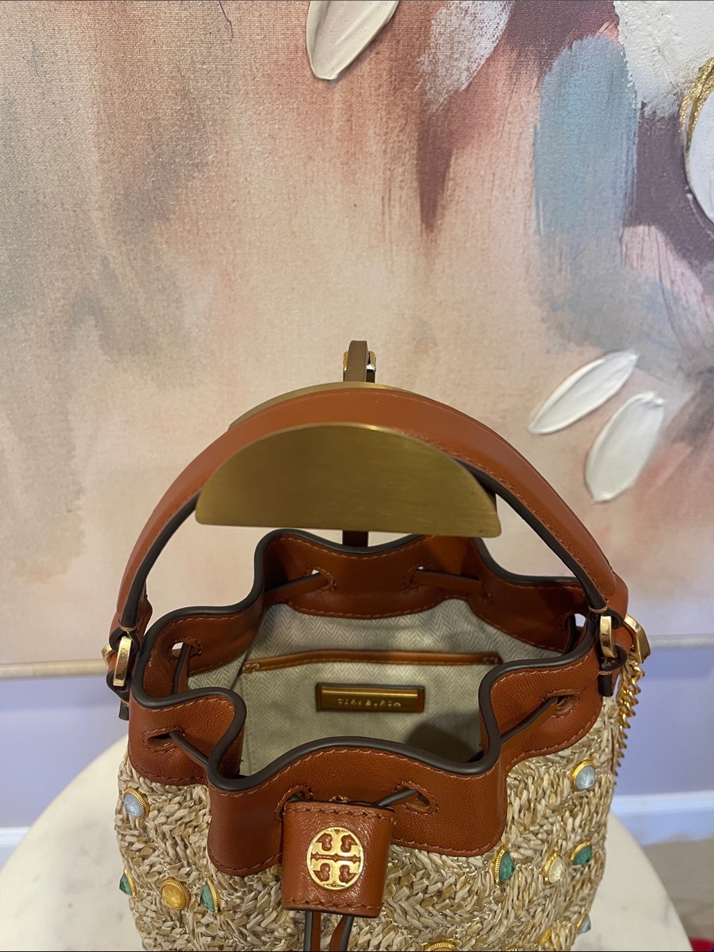 NWOT Tory Burch Brown Leather & Natural Straw Crossbody Bag with Jewels - Picture 6 of 8